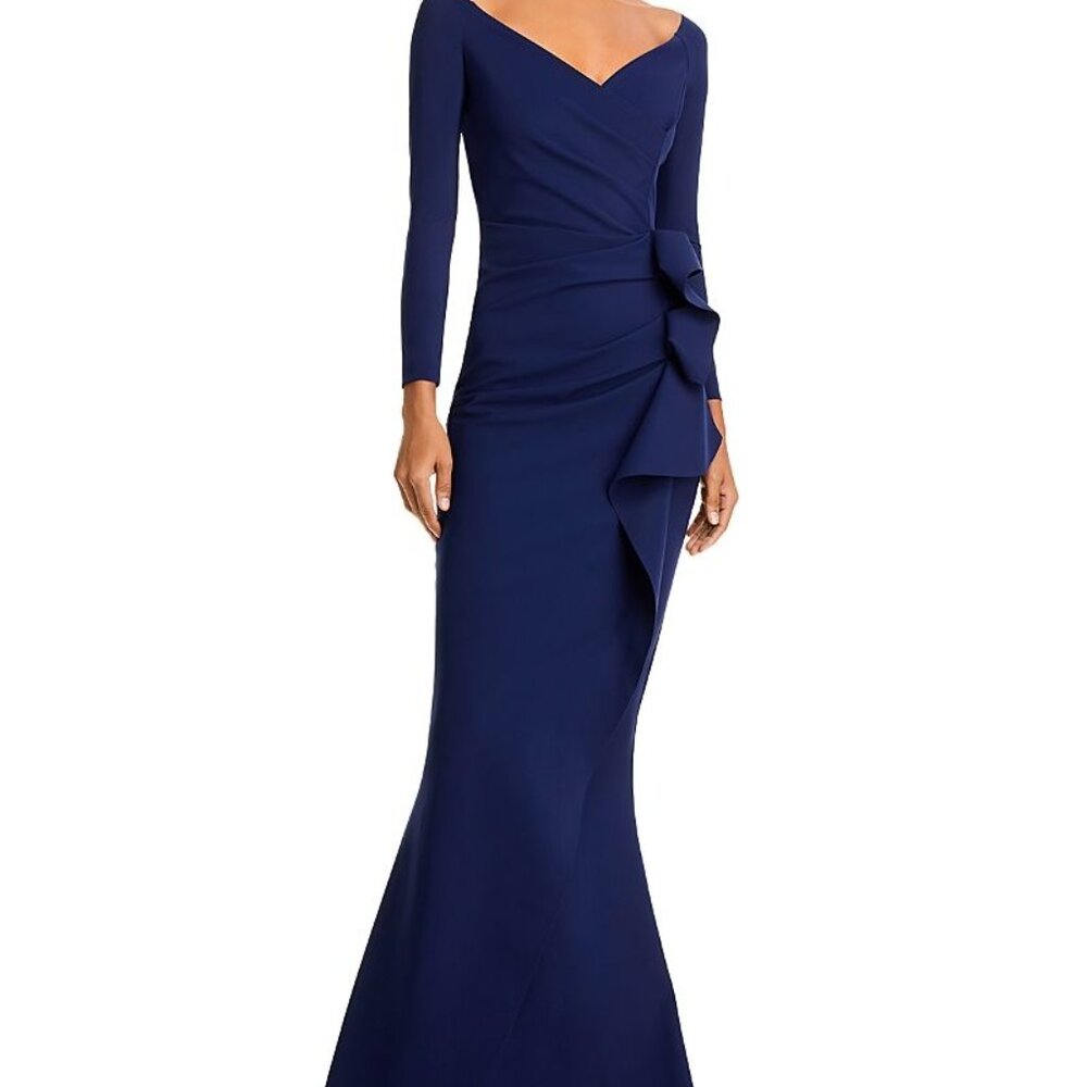 Chiara Boni La Petite Robe “Silveria” Side‑Ruffle Gown – Navy